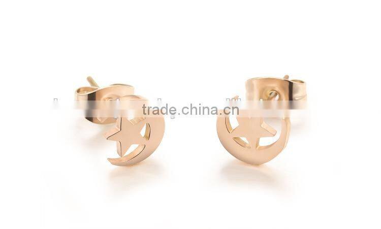 KSTONE 2015 New Fashion Rose Gold Plated Stainless Steel Lovely Moon And Star Stud Earrings