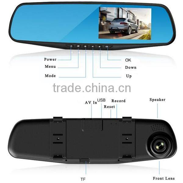 Promotion Dual Lens 1080P 4.3inch rearview mirror DVR camera with Two Lens