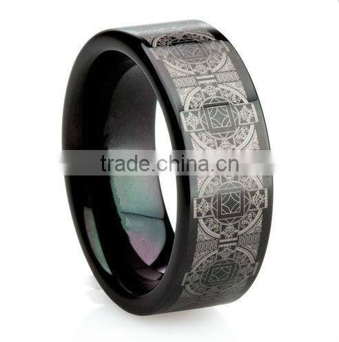 men's tungsten ring laser flower or lucy , Black IP tungsten carbide ring, Tungsten ring for men,Charm accessory