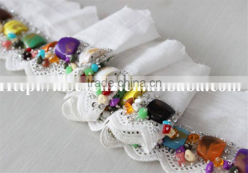 100% cotton water soluble lace trim with colorful beaded design for sale
