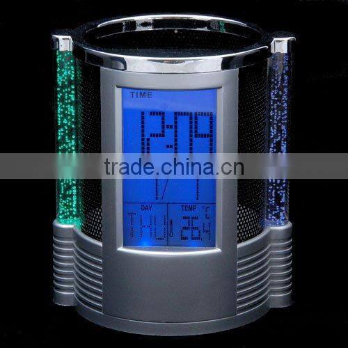 Digital LCD Desk ALarm Clock & Mesh Pen Holder Pens Rulers Office Tidy LED Light