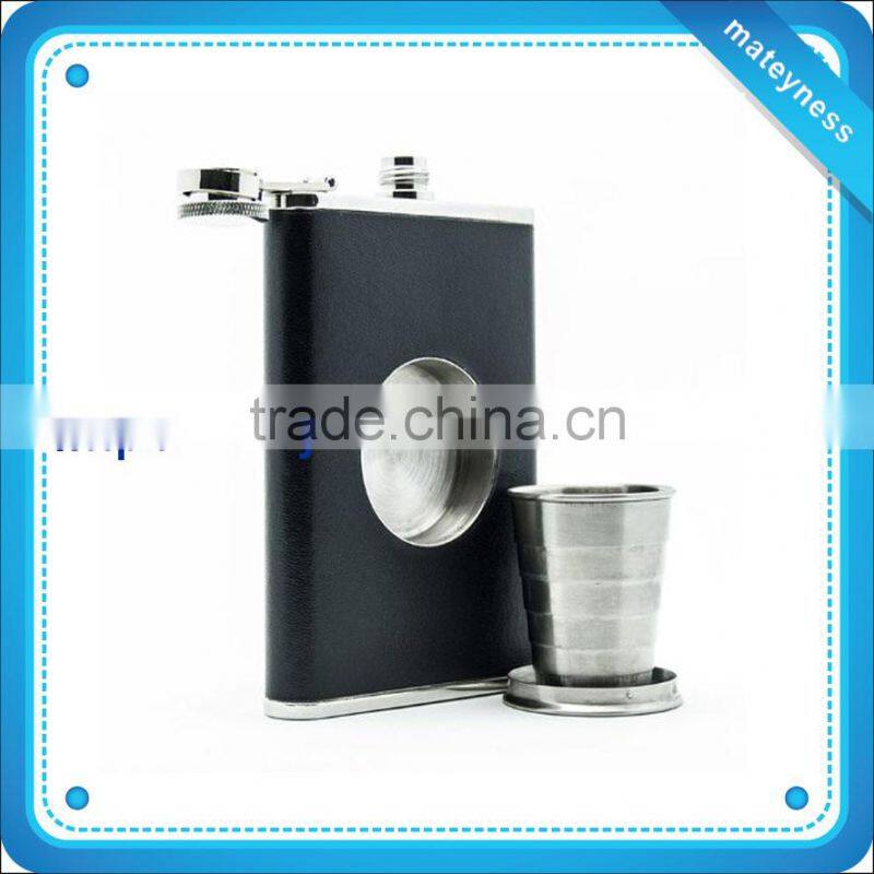 8oz Hip Flask with a Built-in Collapsible Shot Glass - Stainless Steel with Premium Bonded Leather Wrapping