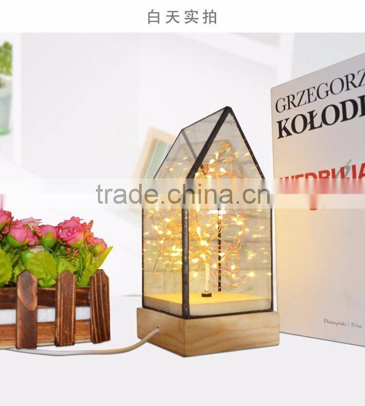 Decorative Glass House Design Night Light, Wooden DIY Fireworks Silver Flower Beautiful Bedding Room Warm Light
