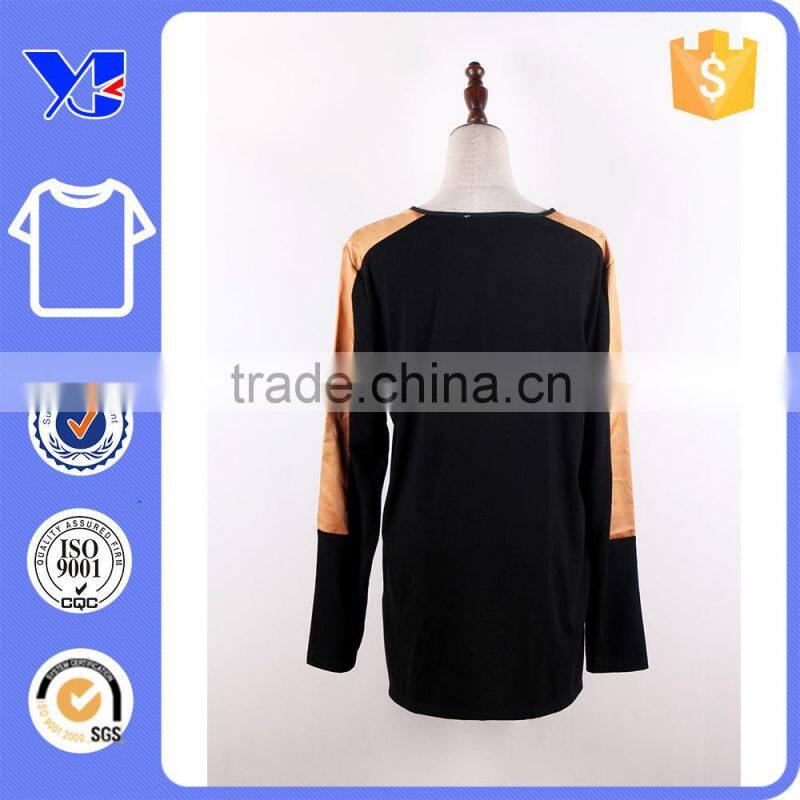 Knitted rayon body contrast satin polyester sleeves patchwork t-shirt