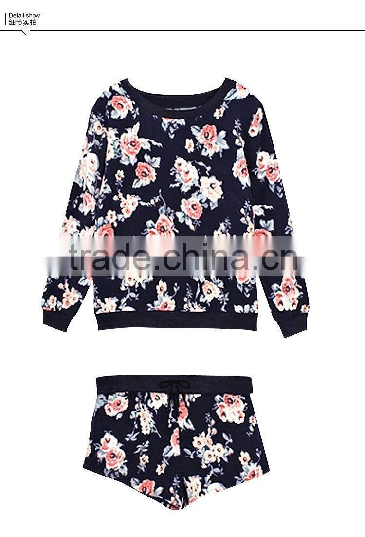 New Winter Women Brand Fashion Long-sleeved Tops + shorts Floral track suit