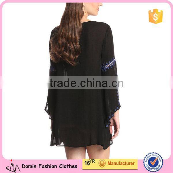 Women's Embroidered Detail Loose Fit Sheer Fabric Long Sleeve Tunic Dress