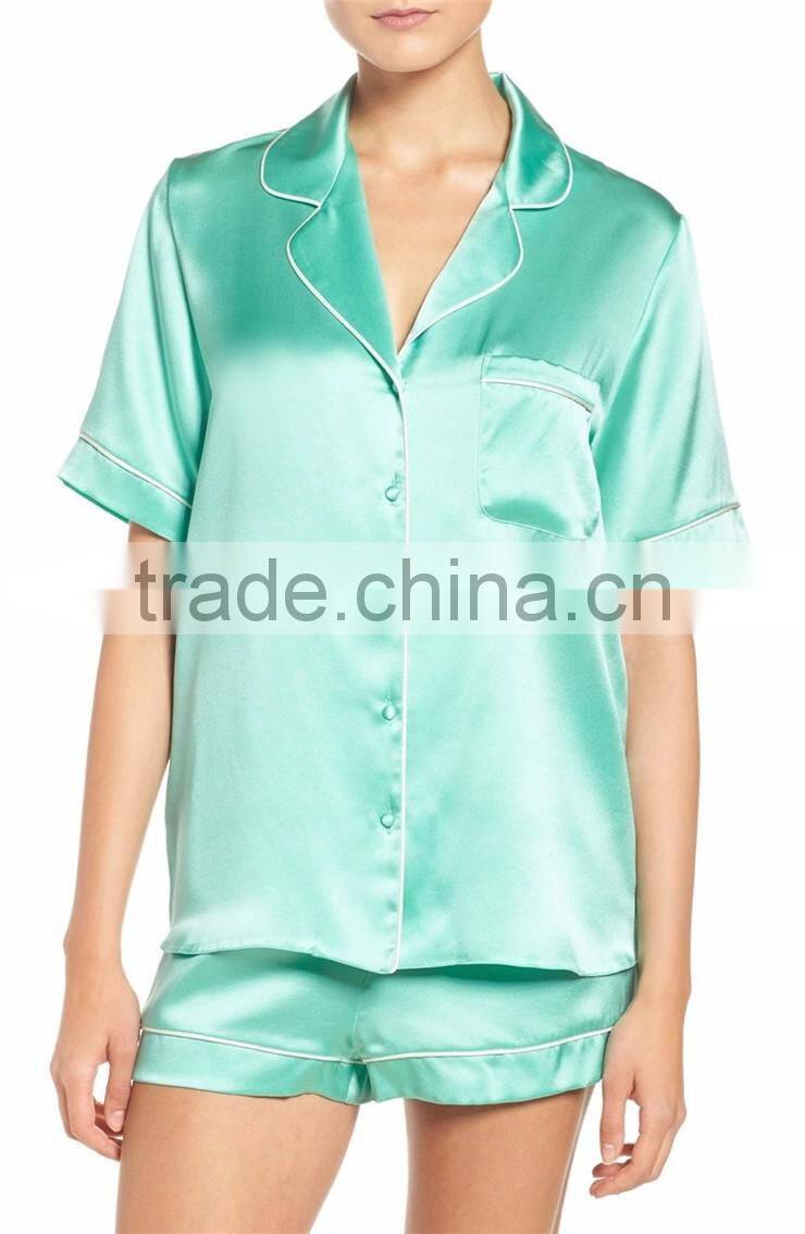 Plain Women Short Pajamas Set Satin Pyjama Set Short Sleeve With Shorts Nightwear