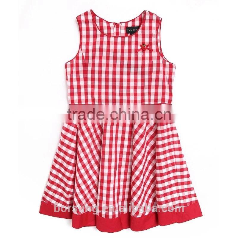 2015 Children Cotton Frock Designs Red Plaid Sleeveless Summer Dress For Kids Flower Girls Party Prom Dress