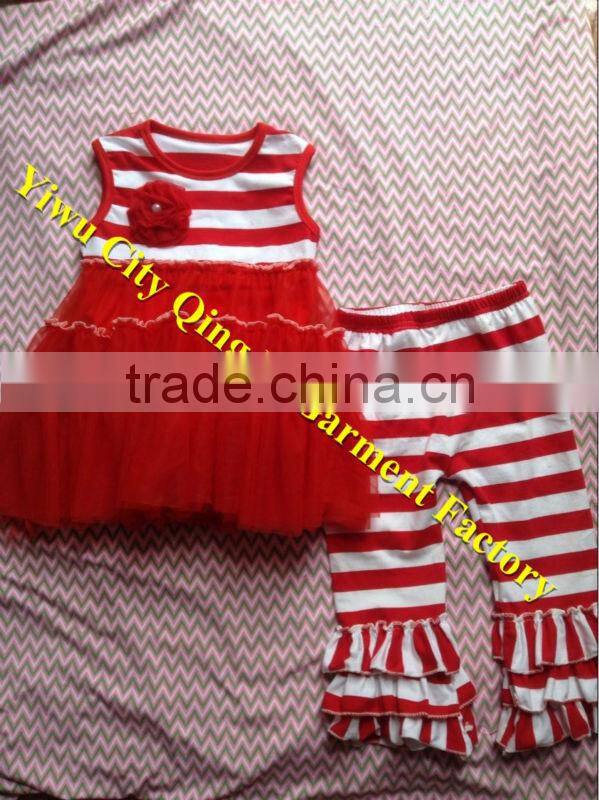 Hot Sale Children's Christmas Clothing Boutique Toddler Girls Red Long Sleeves Shirt with Stripe Ruffled Pant Outfit Sets