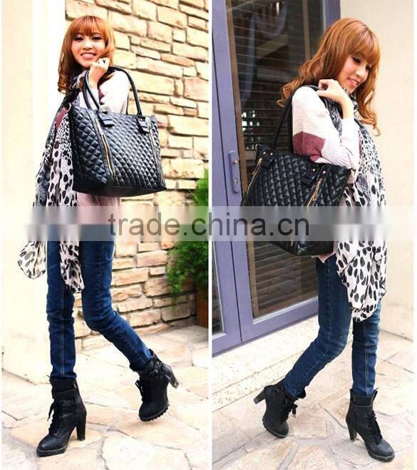 Black Retro Women Office Lady Quilted Shoulder Tote Bag Handbag