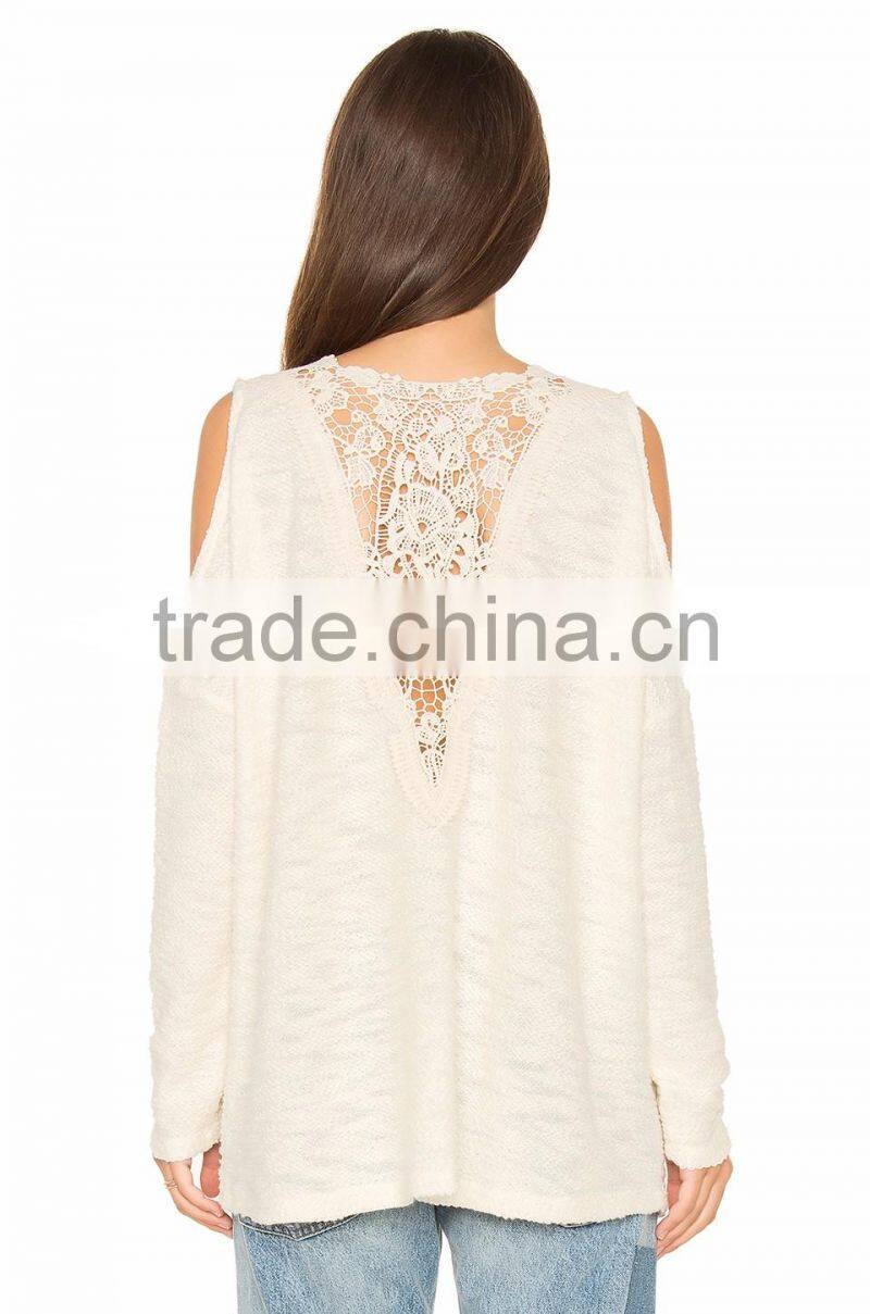 Hot selling open shoulder lace applique woman sweater wholesale woman blouse design sweater 2017