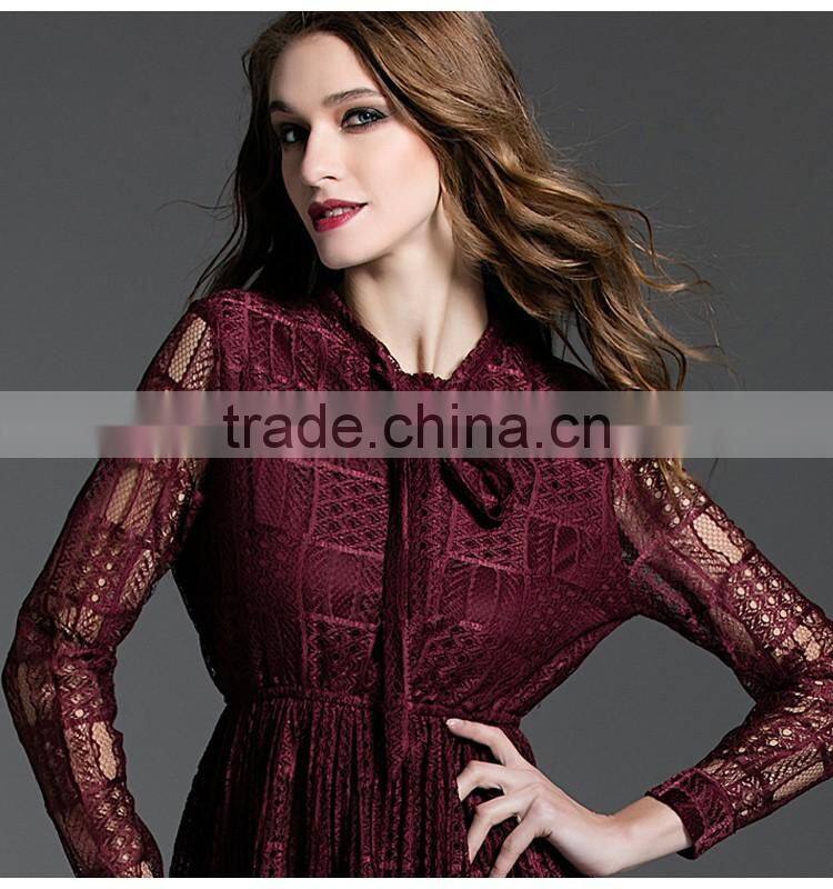 Ladies maroon dark green hollowed lace 100% polyester dress