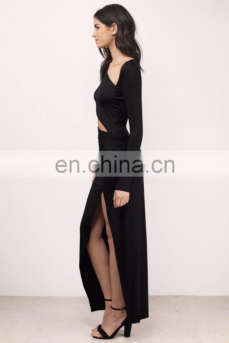 Elegant Plain Long Sleeve Shift Maxi Dress with Front Slit and Cut Outs
