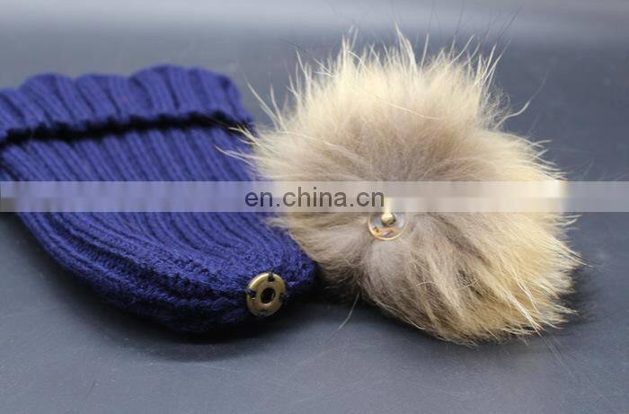 Hot Sell Cute Winter Hats Natural Raccoon Fur Pompom Beanie Cap with Ball Top Knitted Crochet Kid Hat