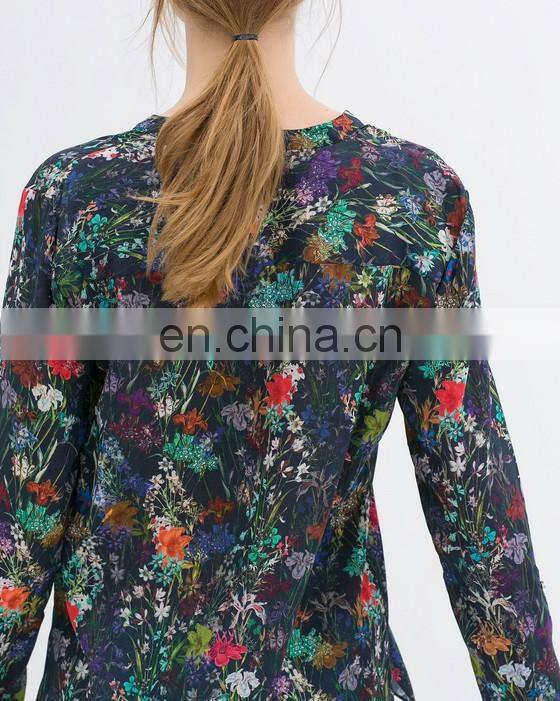 Hot selling China clothing floral print long sleeve sheer chiffon blouses