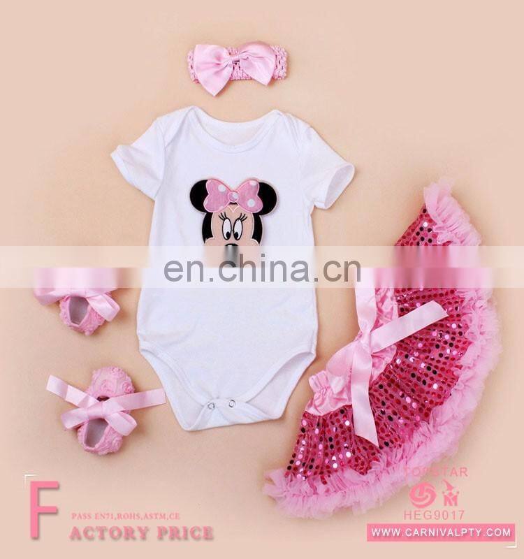 Fashion 2017 cotton wholesale lovely baby girls plain dresses +t-shirt+headband +shoes
