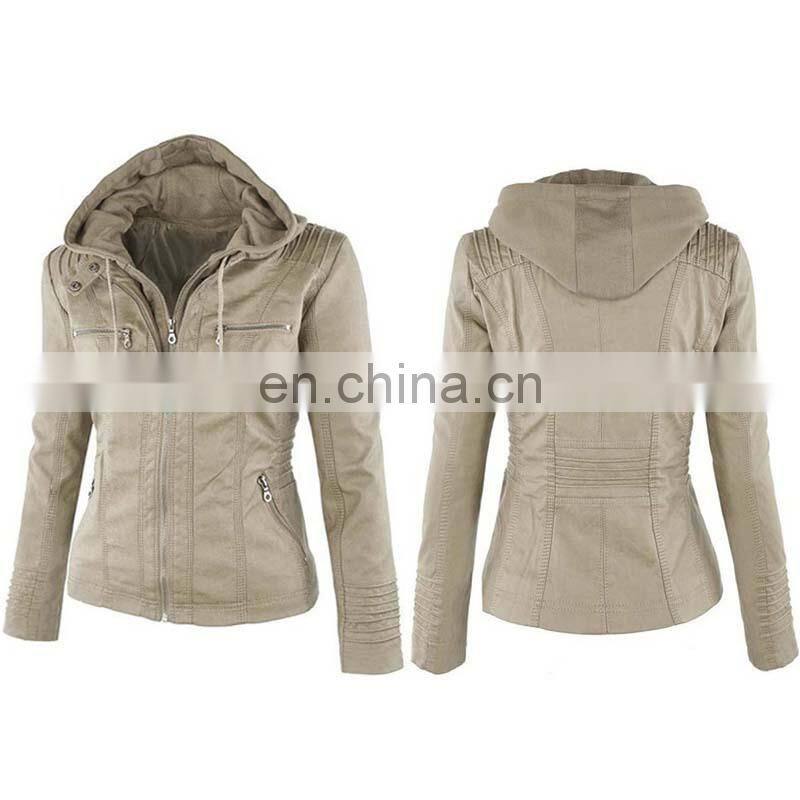 Customized wholesale Plus size women's detachable hooded leather jacket coat top motorcycle jacket PU pilot motorcycle suit