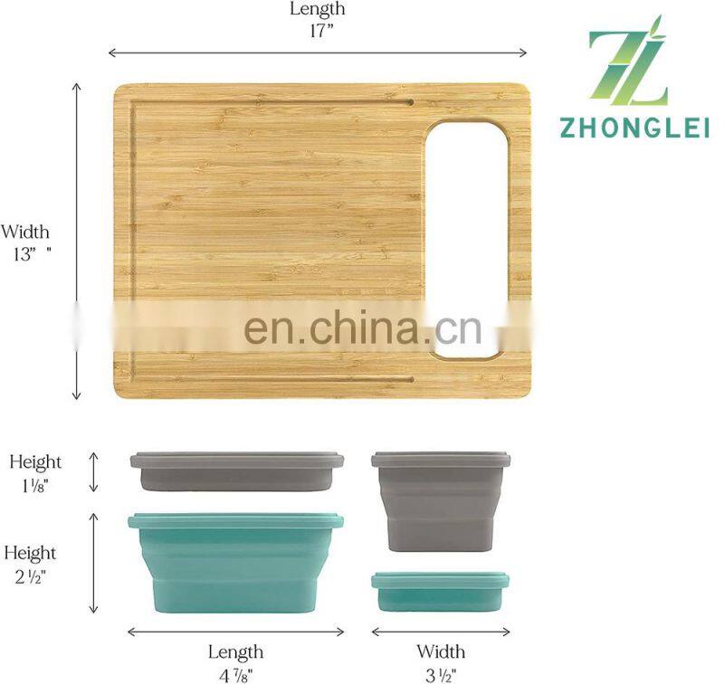 Bamboo Cutting Board, with 4 Collapsible Silicone Food Storage Containers and Lids for Storage