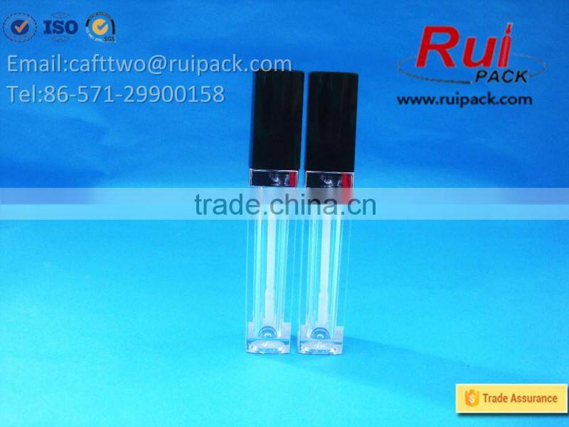 Clear square lip gloss tube with matte black brush cap, transparent square lip cream case
