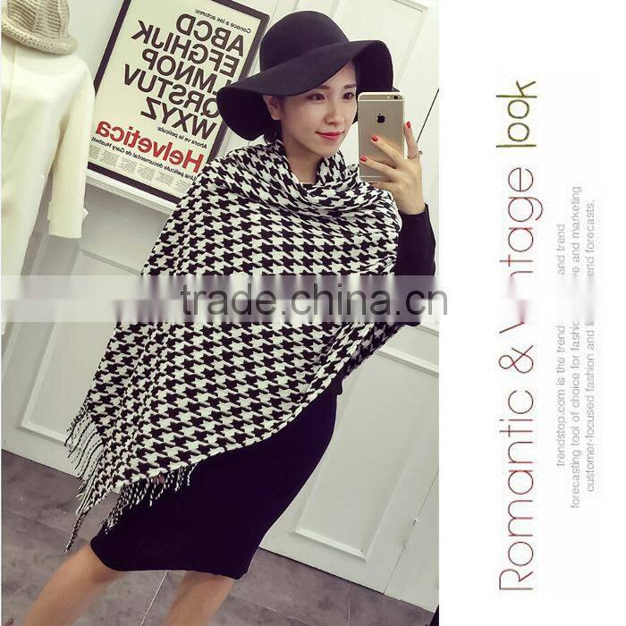 Za Fringed Tassel Houndstooth Jacquard Woven Cashmere Feel Acrylic Scarf