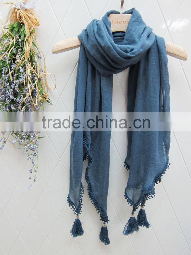 Fashion Latest Large Long Plain Cotton Linen Embroidery Lace Brim Tassel Scarf Shawl