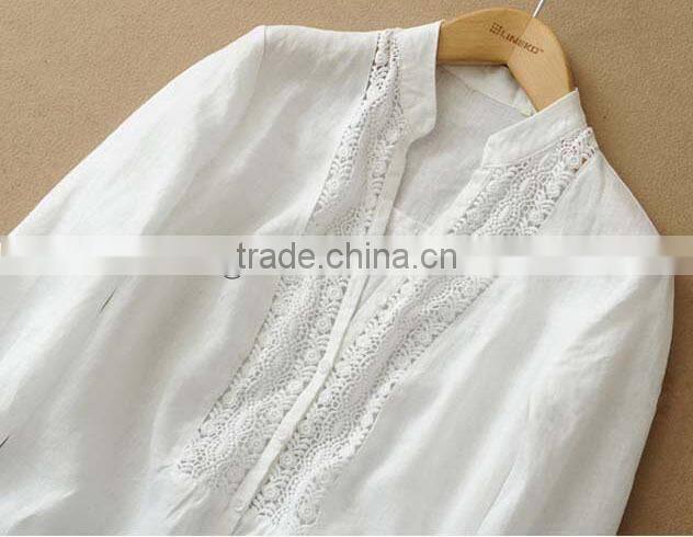 ladies' soft linen shirt plain dye fabric blouse long sleeve lace ornament top