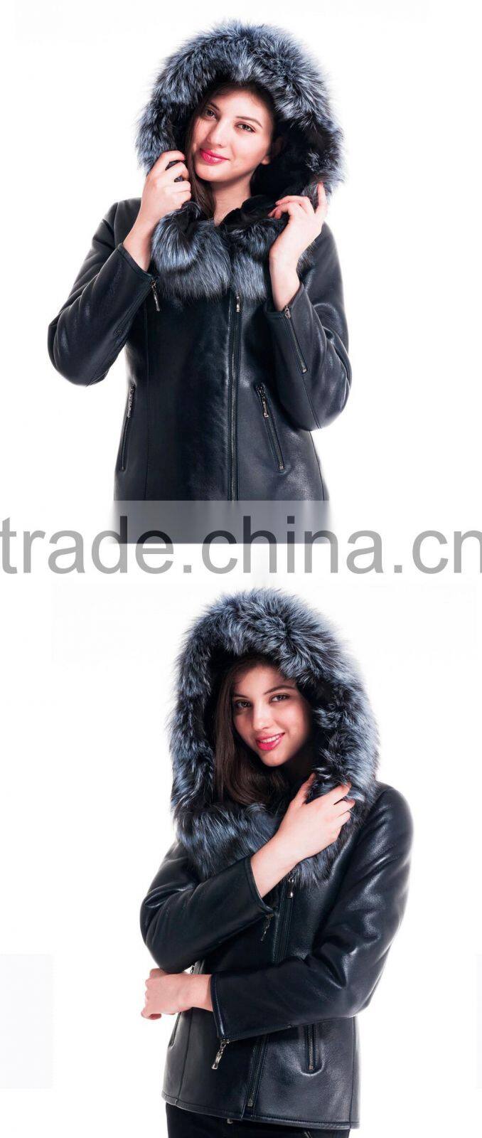 2015 Winter Women Plus Short Leather Jackets With Silver Fox Hat Fur Coat