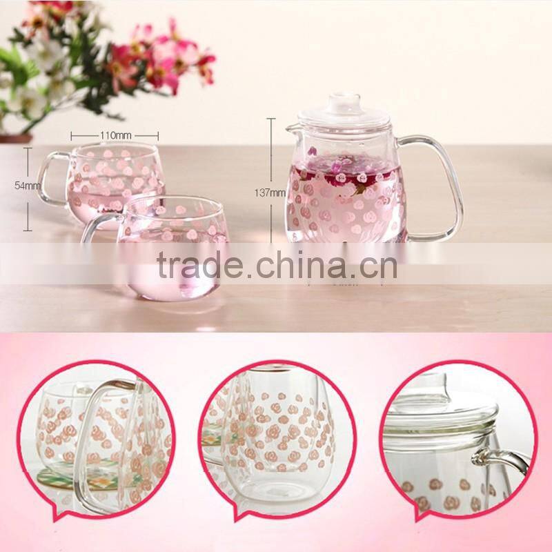 Hot selling borosilicate glass teapot with glass infuser pink flower design teaset 650ml 2pcs 350ml tea cups