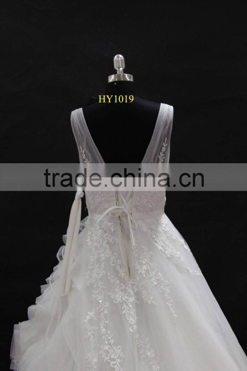 factory real sample! High quality two tulle straps nice design organza ruffle skirt lace wedding dress