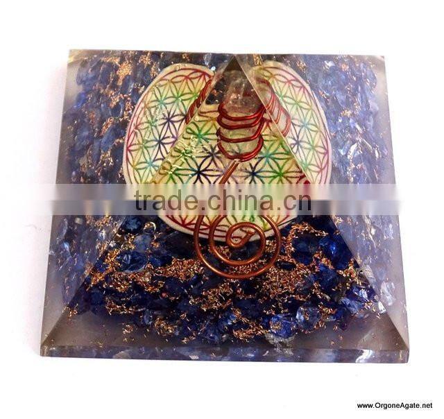 Quality Big Orgone Indigo Chakra Pyramid With Flower Of Life Symbol And Crystal Point | Reiki Pyramid