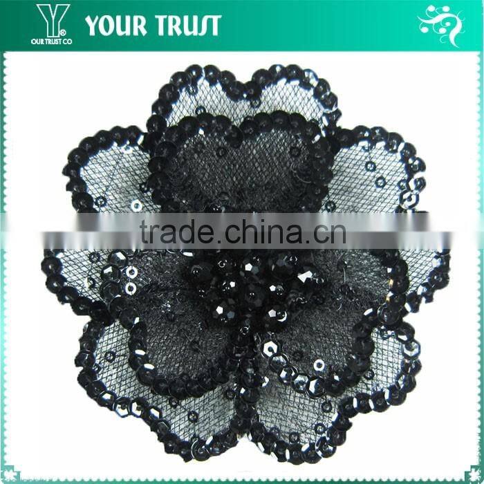 Clear Rhinestone Black Flat Sequin Black Bead Flower Applique Patches