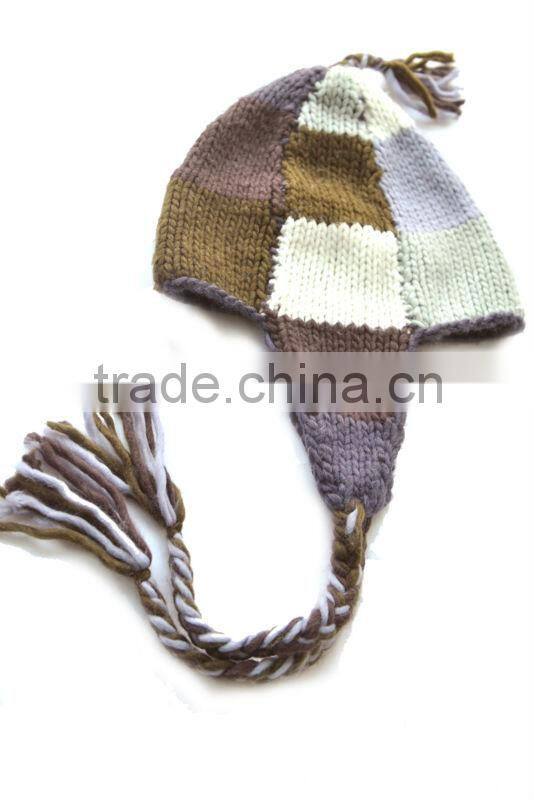 acrylic cheap earflap hat with braid and top tassel