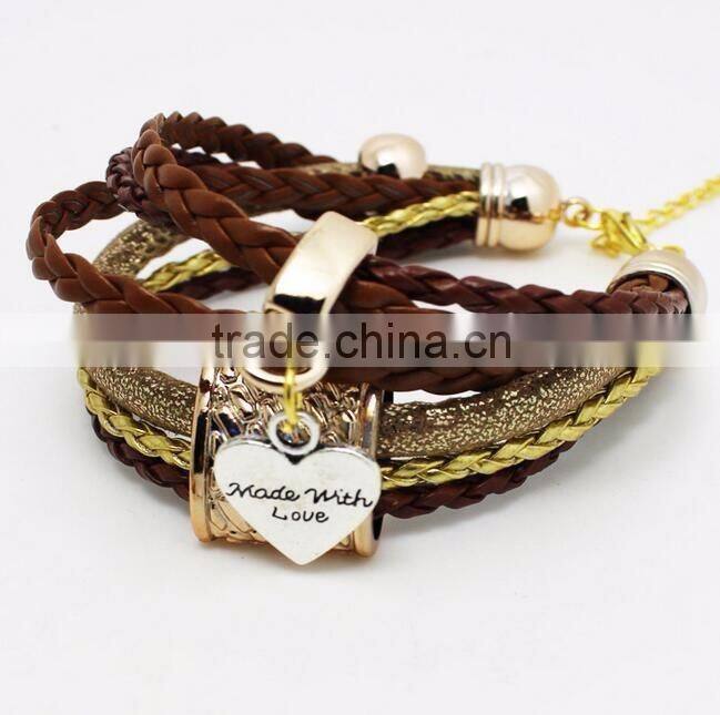 New Vintage Fashion Simple Metal Made With Love Heart Christmas Tree Charm Multilayer Leather Bracelet