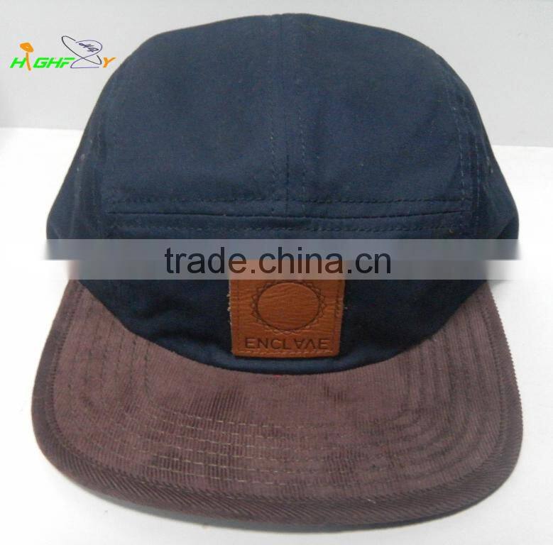 High quality corduroy brim real leather strapback 5 panel camp cap