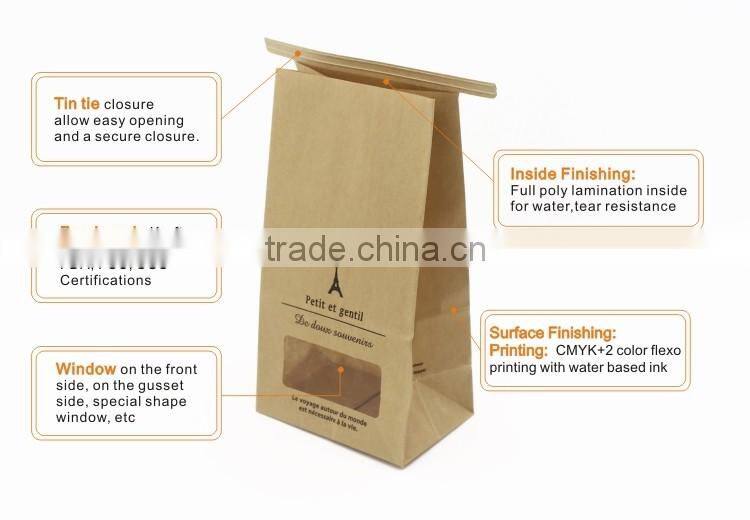 Custom printing food Grade flat bottom brown kraft sos greaseproof potato chips bag for snack food