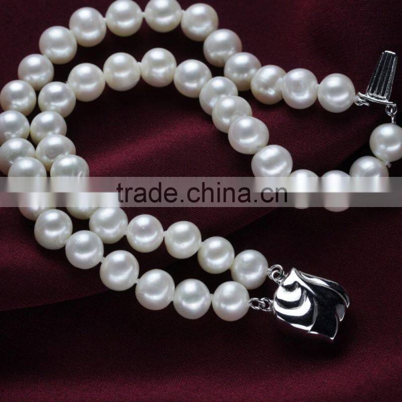 8mm AAA white near round white bridal wedding accessory freshwater natural double strand pearl bracelet