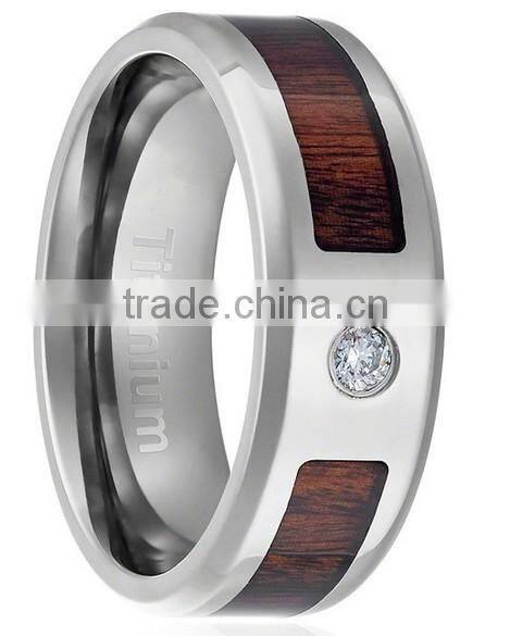 8MM Comfort Fit Titanium Wedding Band Engagement Ring with Dark Wood Inlay Round Cut CZ Center Stone and Beveled Edges