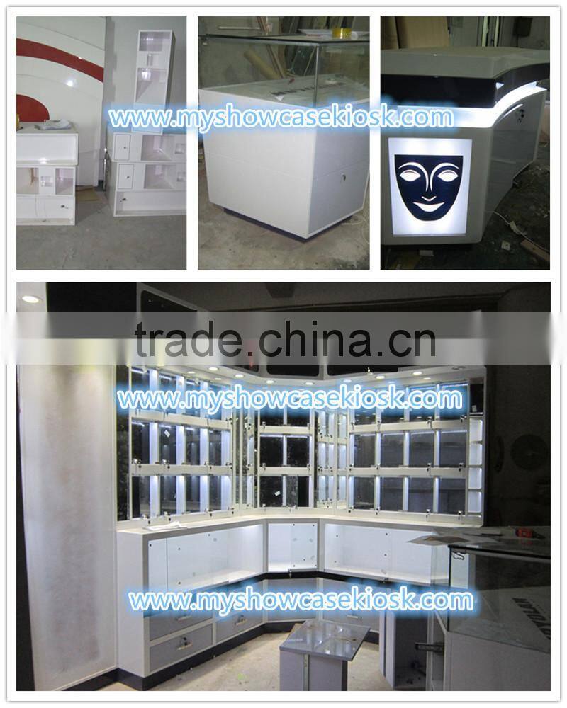 White glossy mall cosmetics kiosk showcase with storage and signage with led inside