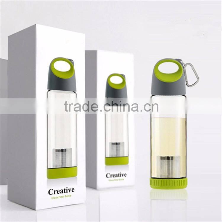 New products of 2016 drinking leakproof water glass bottle with tea filter,fruit infuser glass bottles wholesale