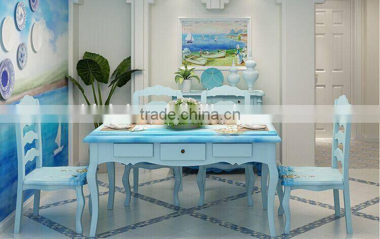 Mediterranean Style Dining Set, Sailing Boat Handpainting Dining Table with 4 Chairs, Wooden Dining Room Furniture (BF01-X1154)