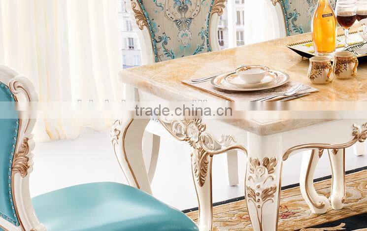 New classic golden flower carving marble top dining table set