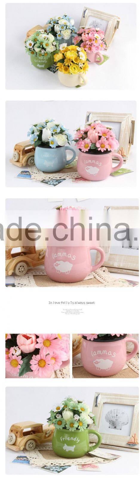 Cup shape ceramic flower pot with silk chrysanthemum small artificial potted for home table decorative