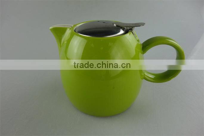 Hot sale stock cheap ceramic colorful round tea pot with stainless steel lid
