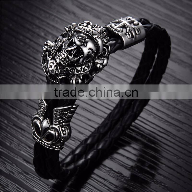 New trending skull style stainlesss steel genuine leather bracelet men