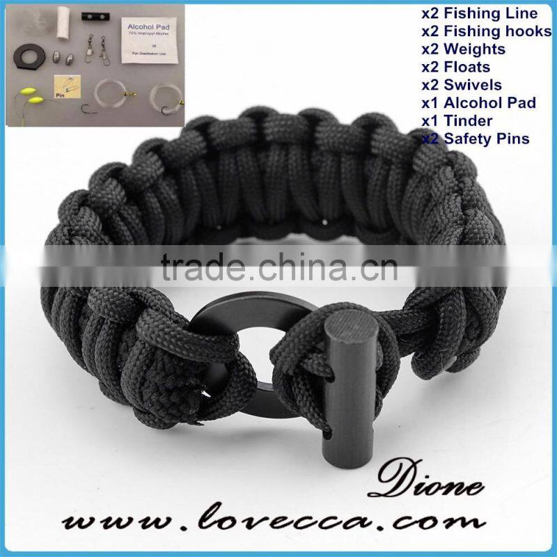 Camping /outdoor 350/550 cord firestarter survival flint bracelet with fishing tool, firebar