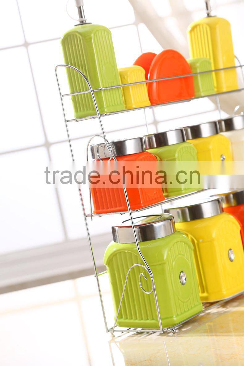 Kitchen ceramic canister set with stainless metal stand