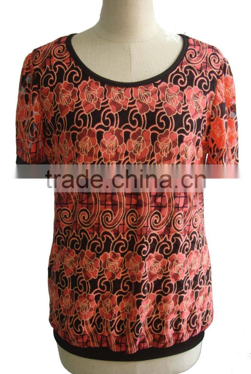 Black with Rose Print Lycra Round Collar Blouse