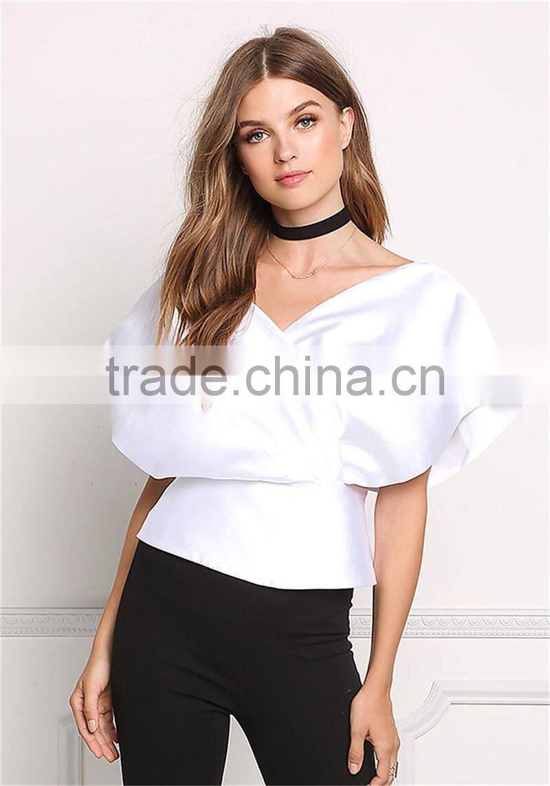 MGOO Custom Designs V Neck Tunic Fashion Cross White Satin Blouses 100% Polyester Sleeveless Tops