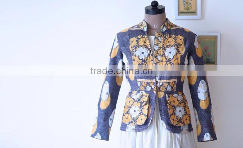 Denim Jacket in Kediyu Style with Vintage Kantha Fabric ~ Medium