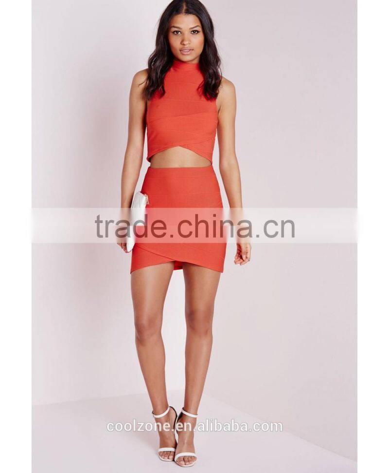 Wrap over sleeveless bandage design two piece evening dress